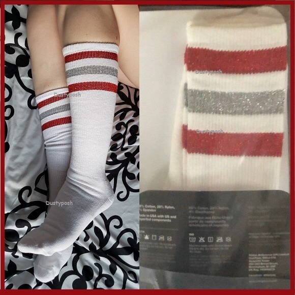 American Apparel Knee High Socks Striped 18” Length White Navy Red Spring Tube - Picture 3 of 4